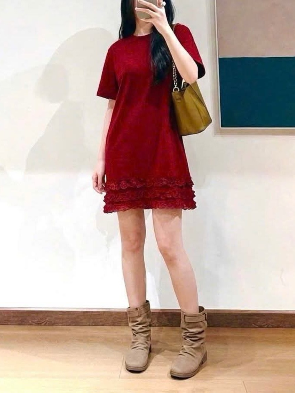 Textured Ruffle-Hem Mini Dress in Red - Picture 2 of 3